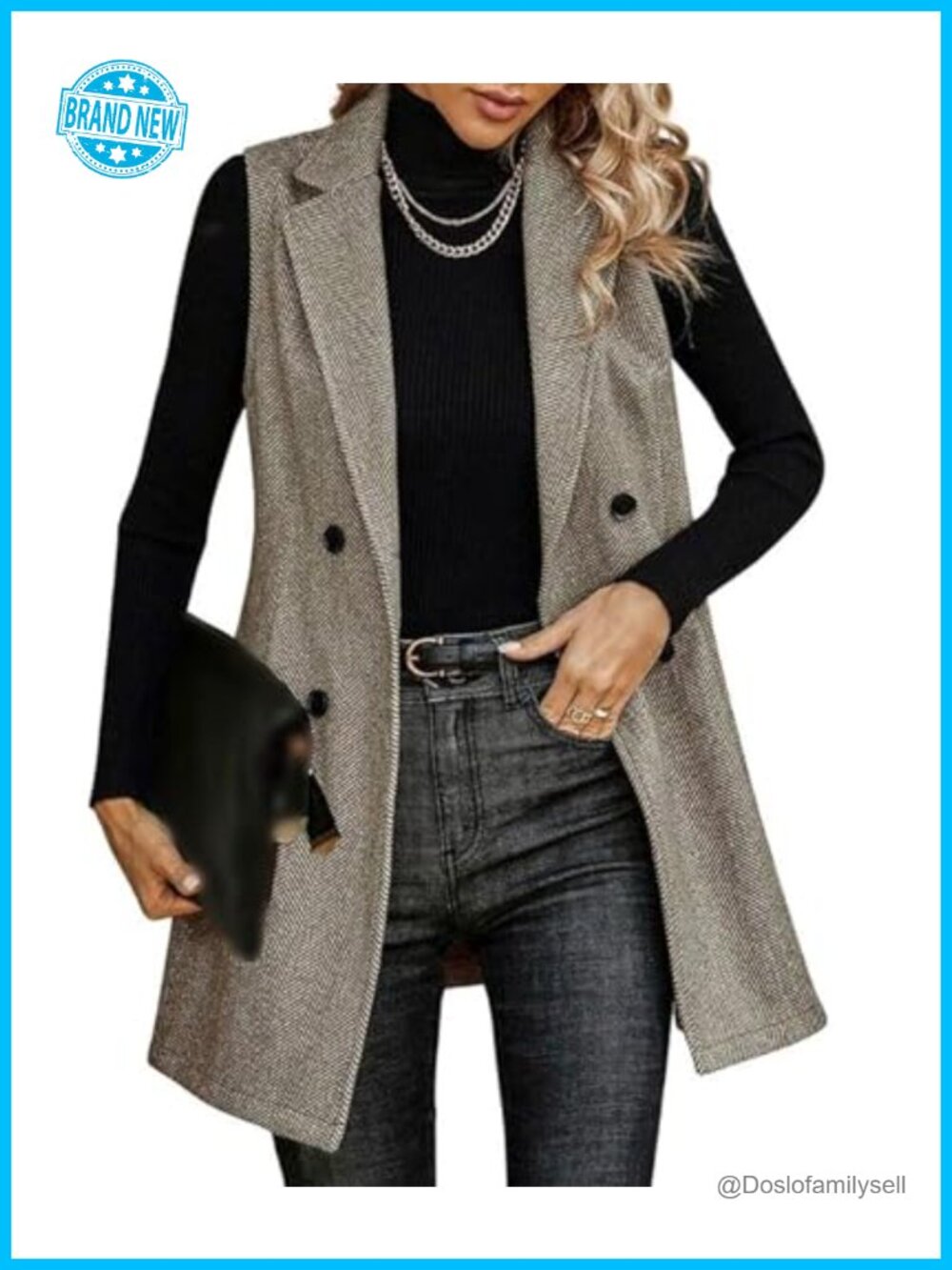 Tweed Herringbone Double-Breasted Vest Blazer Office Layering